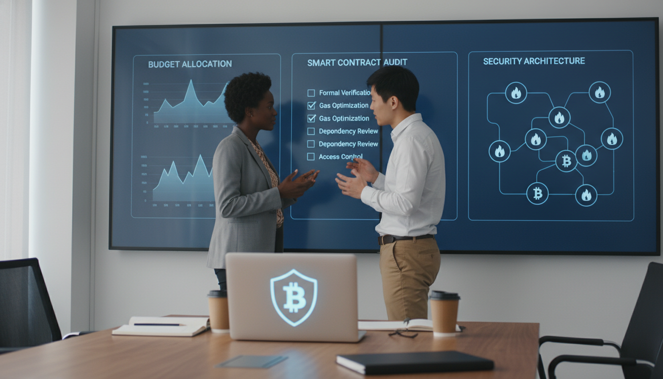 Developers discussing budget planning and smart contract audits to estimate the total AI token development cost.
