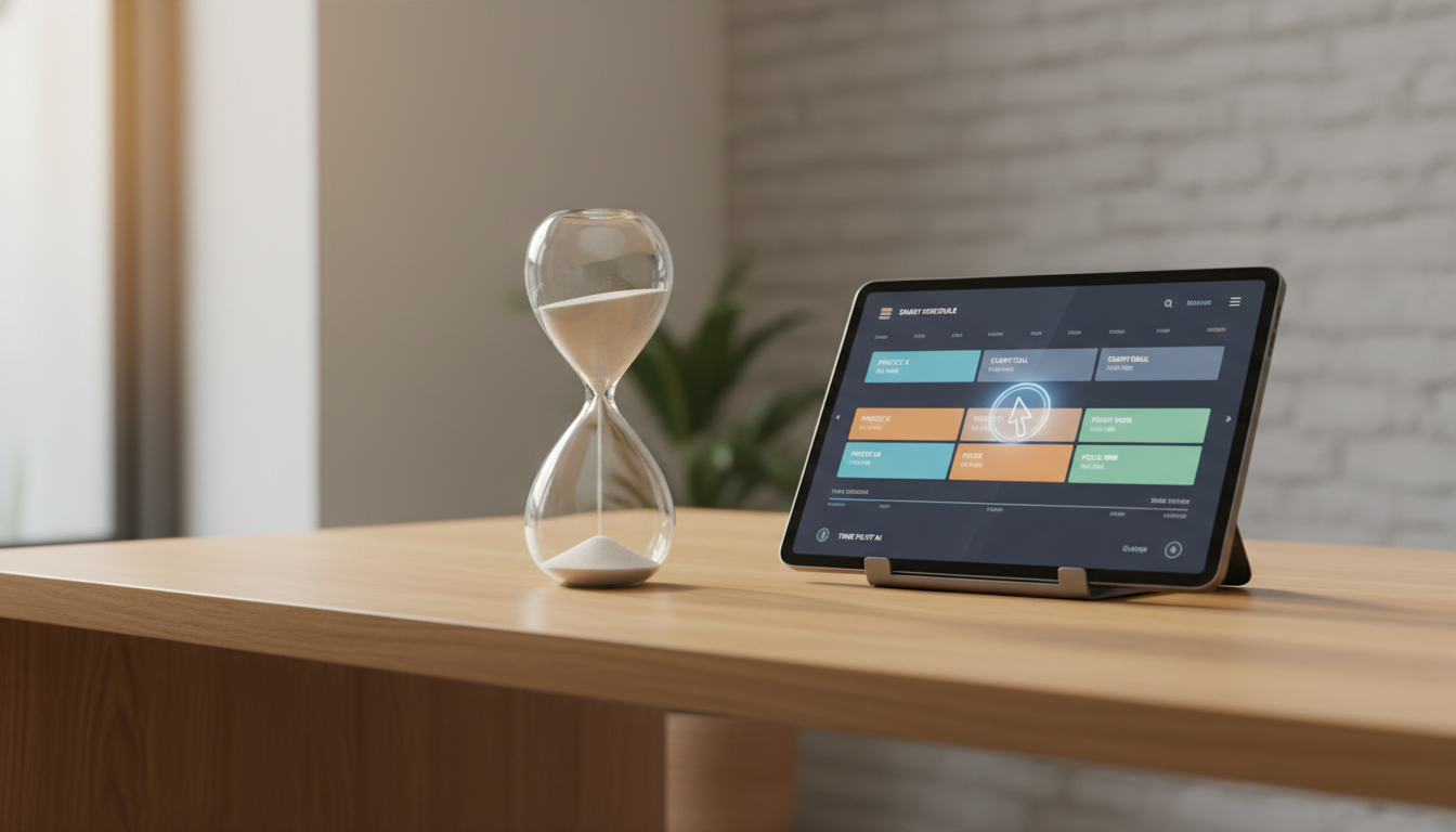 An hourglass next to a digital schedule, showing how to stop making excuses and master time management.
