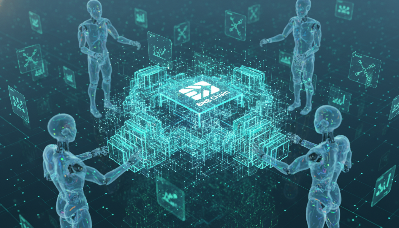 Decentralized AI agents collaborating on a blockchain network, showcasing the decentralized tech ecosystem surrounding BlackRock’s AI Bet.