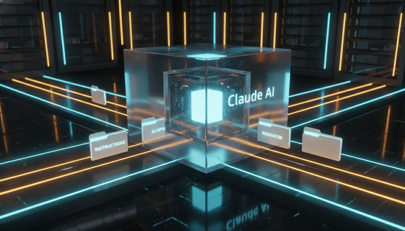 A conceptual visual of the dynamic architecture of Claude Skills loading modular folders of scripts and instructions.