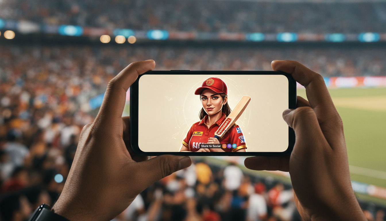 A smartphone showing a personalized fan avatar designed with an IPL style generator in a packed cricket stadium.