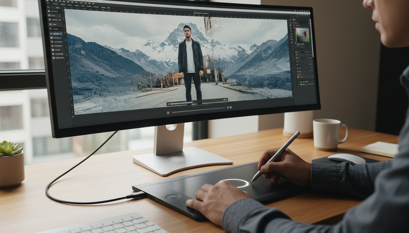 A designer using an advanced web-based AI editing tool as a powerful alternative to the Maya AI photo editor online free.