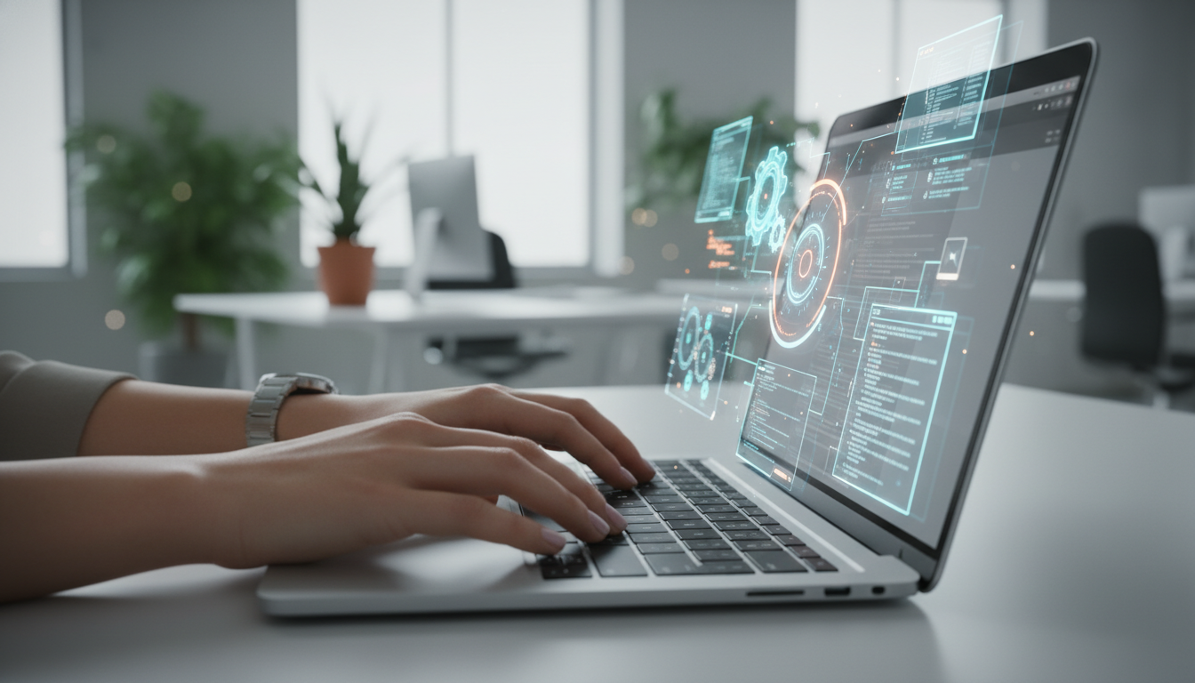 An office worker building custom workflows on a laptop, representing a key step in a Claude projects tutorial.