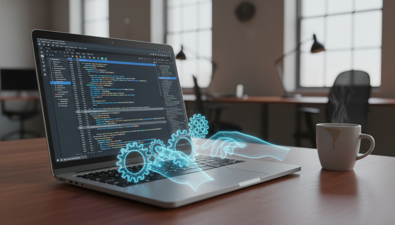 An autonomous laptop generating code without human oversight, showing generative AI coding assistant risks.