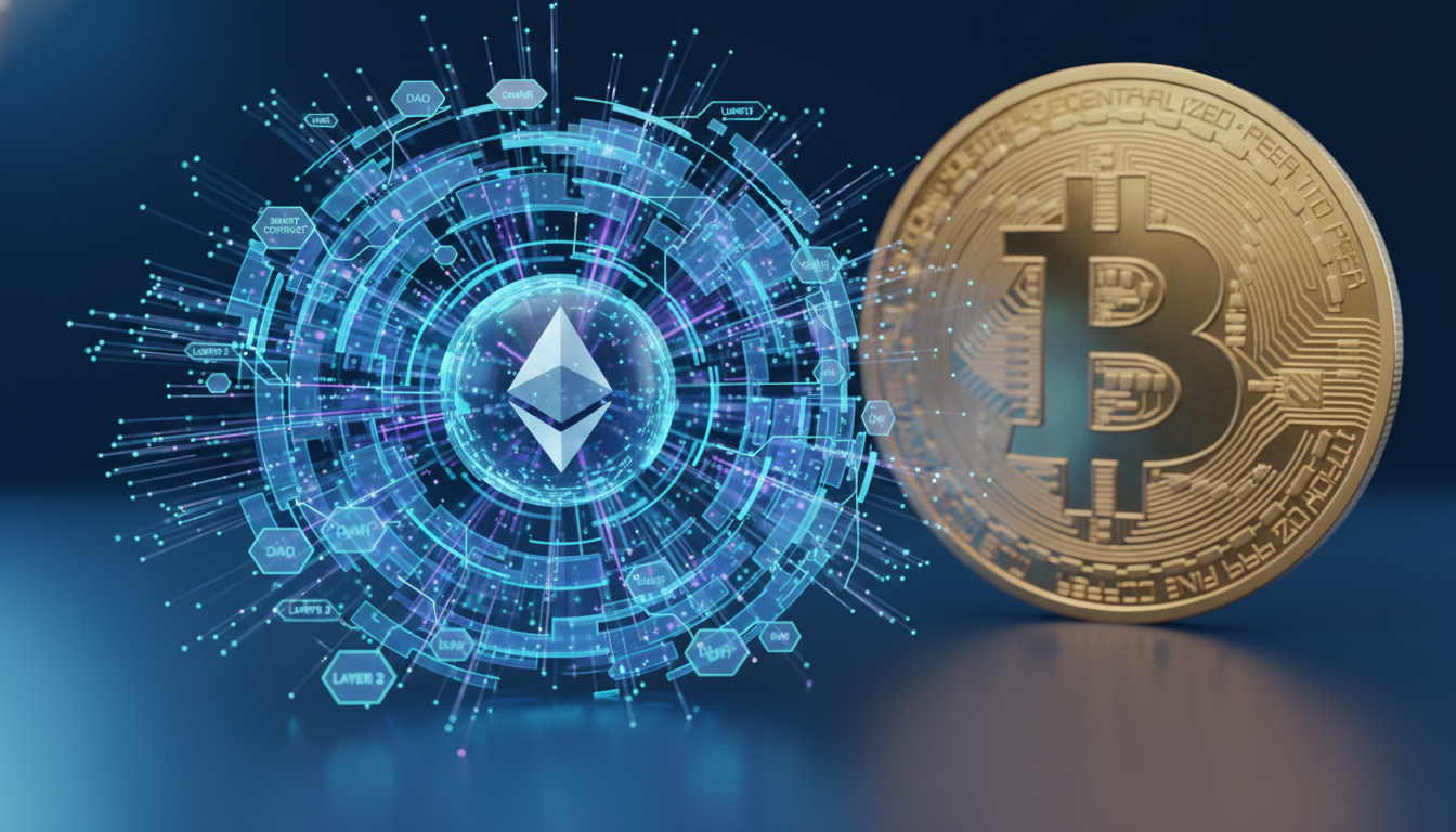 A complex multi-layered digital network representing Ethereum's structure as Ethereum dropped below $2,000.