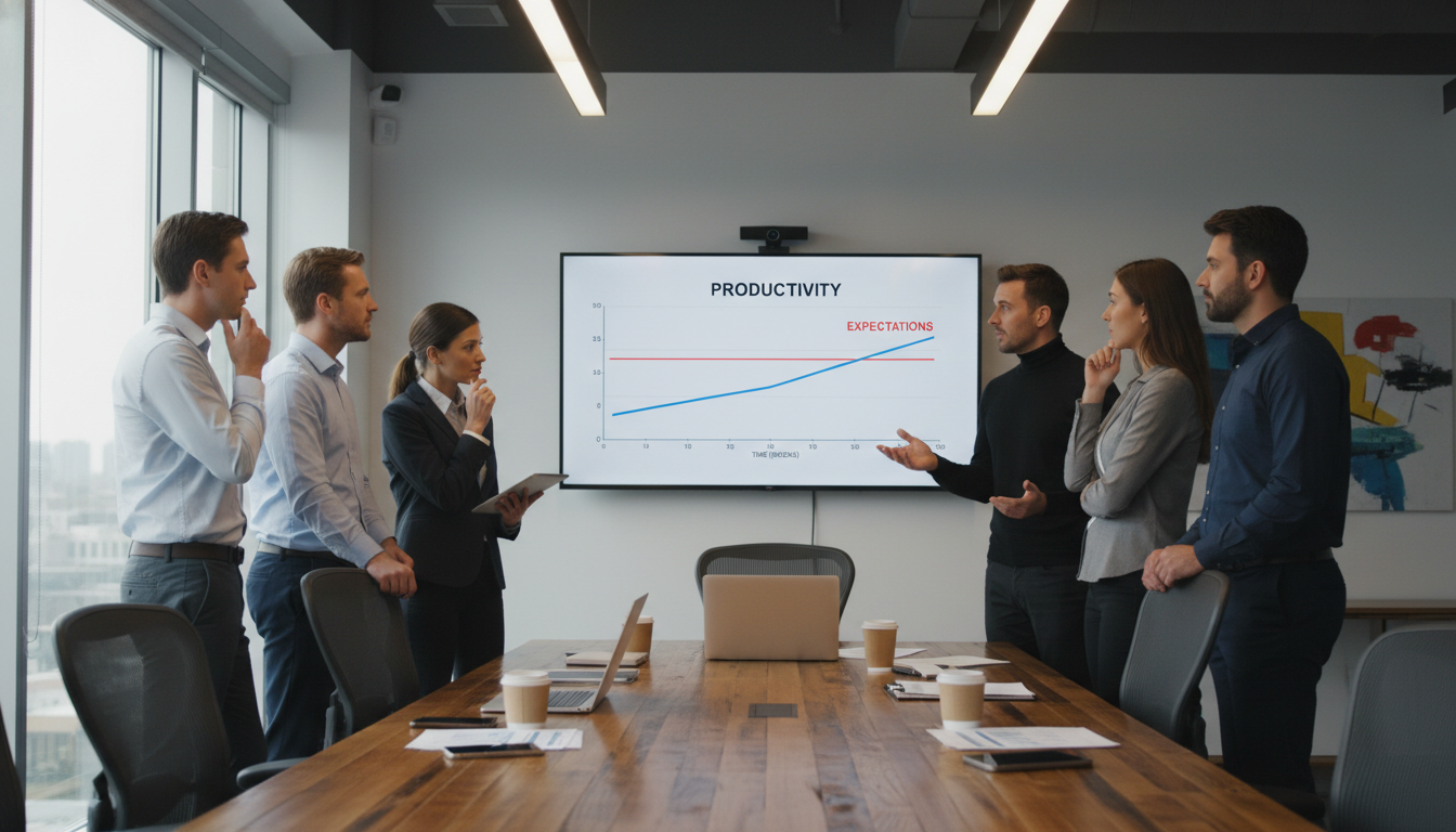 A corporate development team analyzing productivity metrics during an AI coding hype reality check