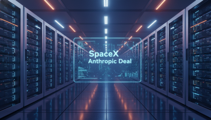 A massive AI data center representing the SpaceX and Anthropic compute deal with glowing server racks.