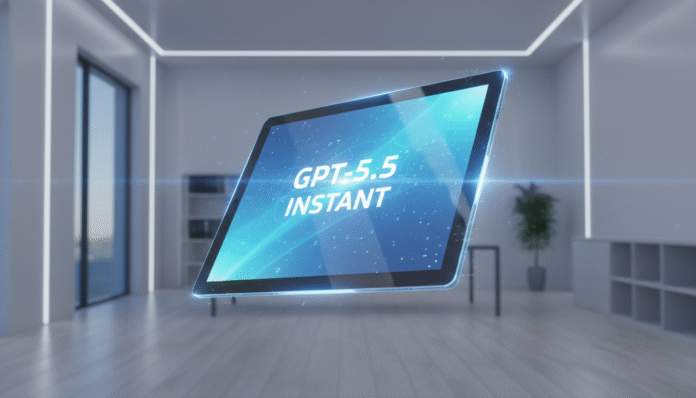 A professional digital interface displaying the GPT-5.5 Instant branding for the new ChatGPT default model.