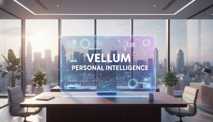 A professional office setting featuring Vellum Personal Intelligence agents as a futuristic holographic interface.
