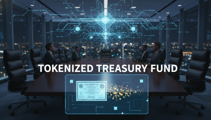 A professional digital interface displaying a tokenized treasury fund for institutional blockchain investment.
