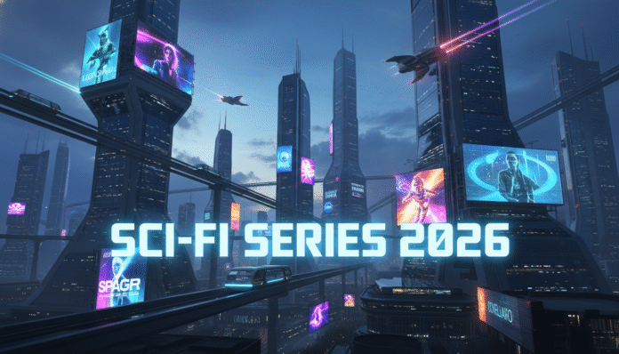 A futuristic cityscape representing the best upcoming web series 2026.