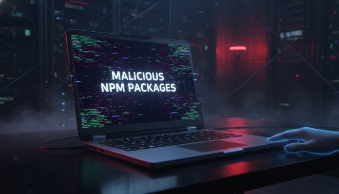 A high-impact visual representing the threat of malicious npm packages stealing sensitive developer data.