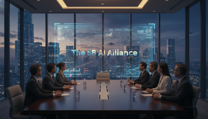 A high-impact conceptual image representing the Google x Blackstone 5 billion dollar partnership in a futuristic executive boardroom.