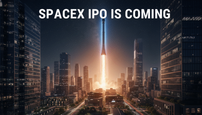 A powerful rocket launch over a modern city skyline representing that SpaceX’s IPO Is Coming