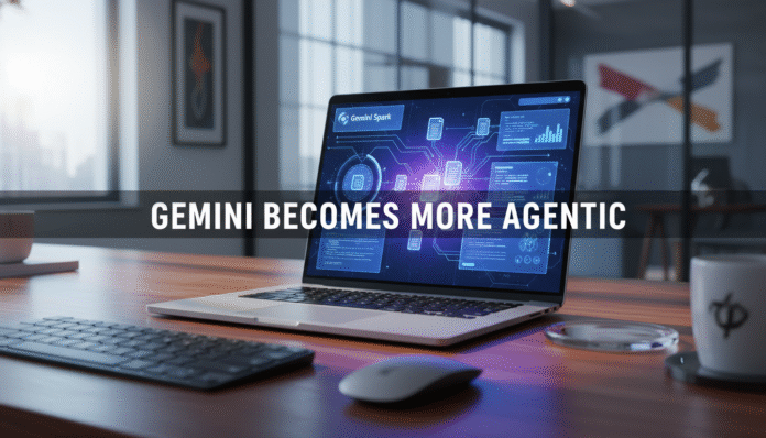 A high-impact hero image showcasing how the Gemini app becomes more agentic with its new Gemini Spark interface on a modern laptop.