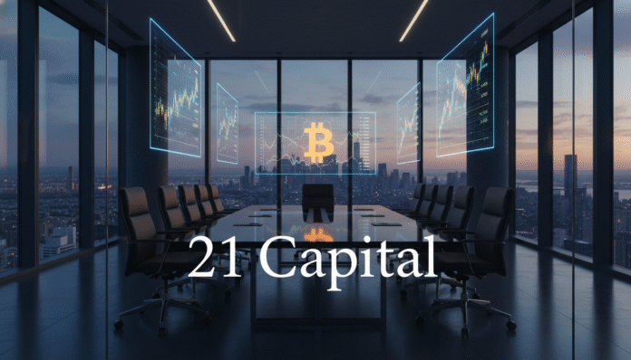 A high-impact corporate office setting symbolizing 21 Capital with holographic financial charts and a New York skyline.