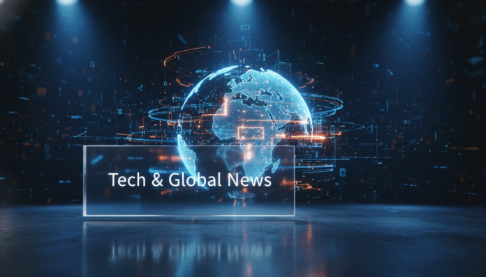 A futuristic digital control center illustrating the Latest Tech & Global News Roundup.