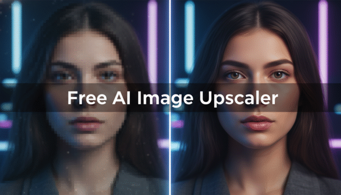A comparison of a pixelated photo being enhanced to high-definition using the best free ai image upscaler.