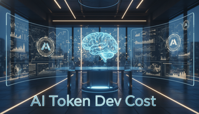 A futuristic workspace displaying holographic charts and blockchain graphics, illustrating the factors influencing AI token development cost.