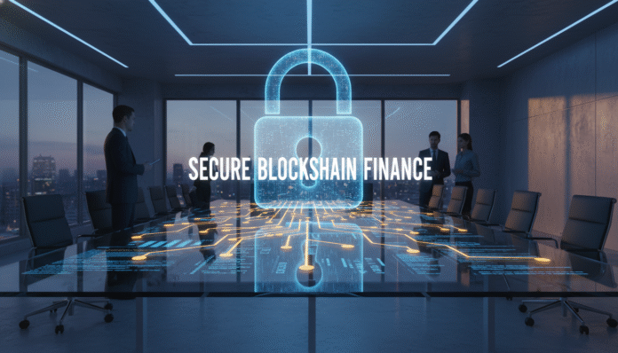A modern digital security vault depicting a secure financial application on blockchain