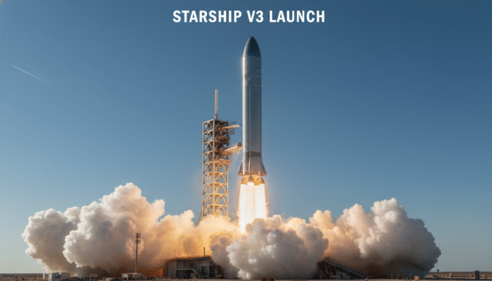 A powerful SpaceX Starship V3 launch ascending from the launch pad with dramatic fire and steam.