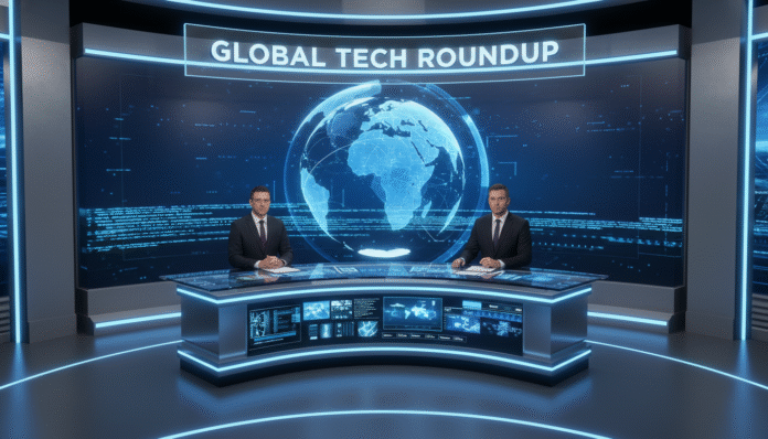 A high-tech news desk displaying the Latest Tech & Global News Roundup with a holographic globe background.