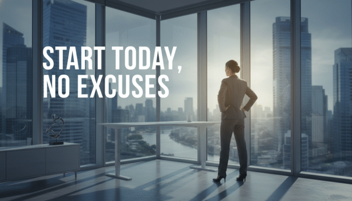 A determined entrepreneur starting their dream business, illustrating how to stop making excuses.