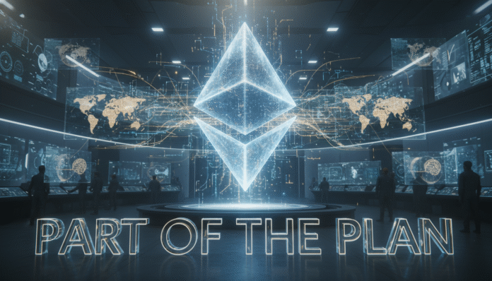 A conceptual digital art piece explaining why Ethereum’s Brain Drain Isn’t a Crisis. It’s the Plan, featuring a glowing Ethereum emblem with structured data flow.