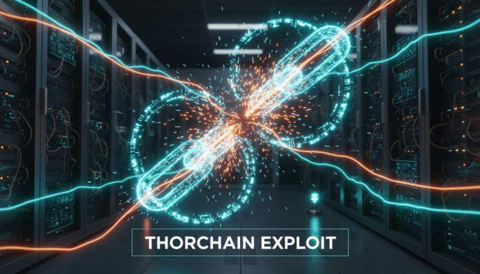 A dramatic visual of a broken digital chain with warning lights representing the THORChain exploit.