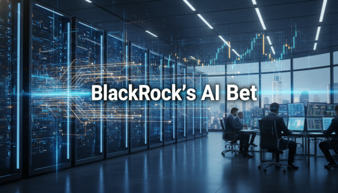 A conceptual visualization of BlackRock’s AI Bet showing futuristic data center infrastructure and financial charts.