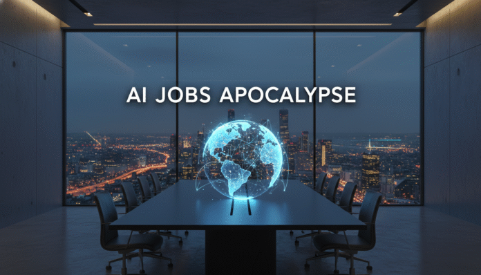 A futuristic boardroom illustrating the Sam Altman AI jobs apocalypse concept with digital holograms.
