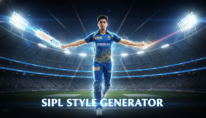 A custom digital cricket avatar being created using an IPL style generator with a glowing stadium background.