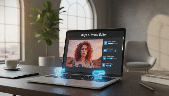 A professional laptop screen displaying a high-tech interface for the Maya AI photo editor online free in a modern studio.