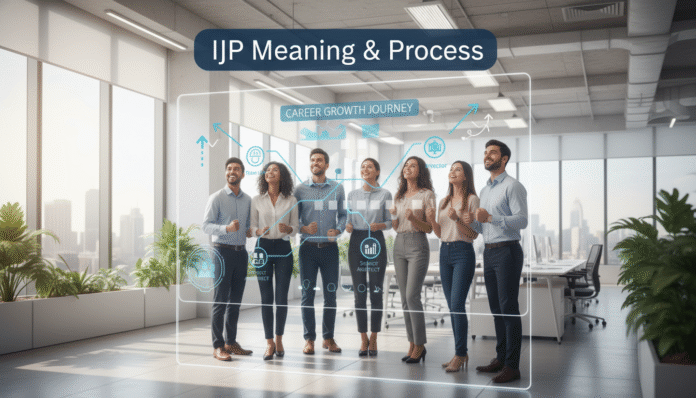 A professional team in a modern corporate office celebrating internal mobility, showcasing the ijp full form and meaning.
