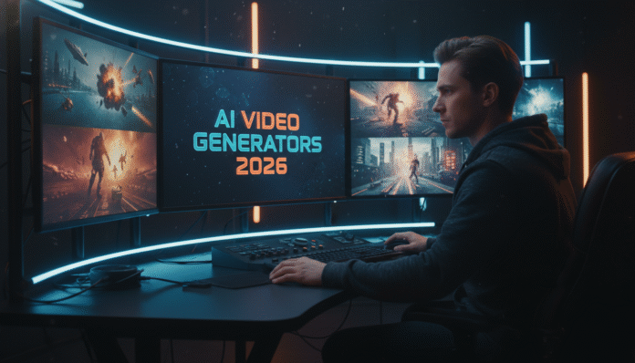 A professional filmmaker in a modern editing studio, representing the best ai video generators for filmmakers in 2026.