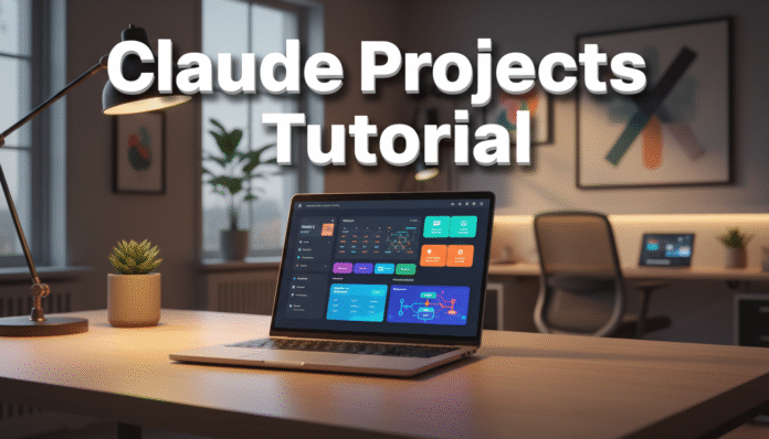 A modern workspace setup illustrating a Claude projects tutorial with a laptop displaying a custom workflow.