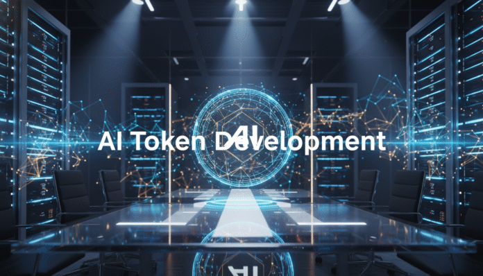 A futuristic holographic token representing the services of an AI token development company.