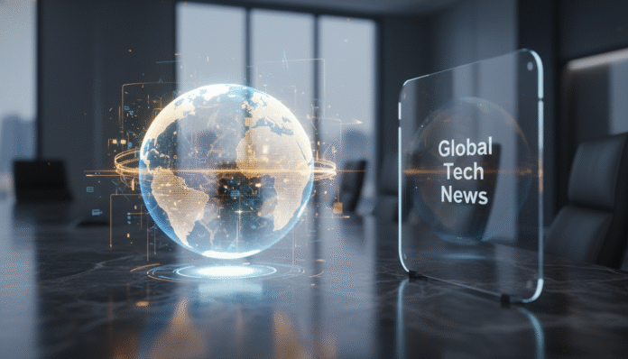 A futuristic glowing globe representing global connectivity for the Latest Tech & Global News Roundup.