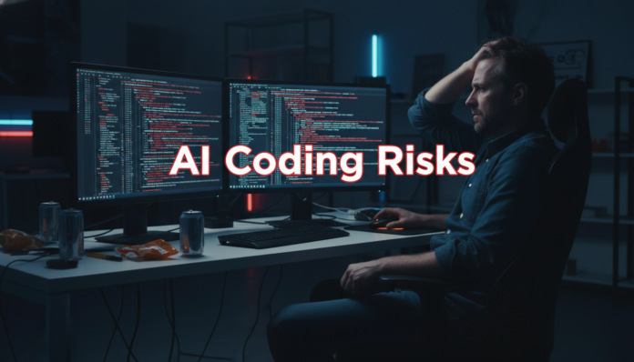 A stressed developer examining broken code on a screen, highlighting AI coding assistant risks.