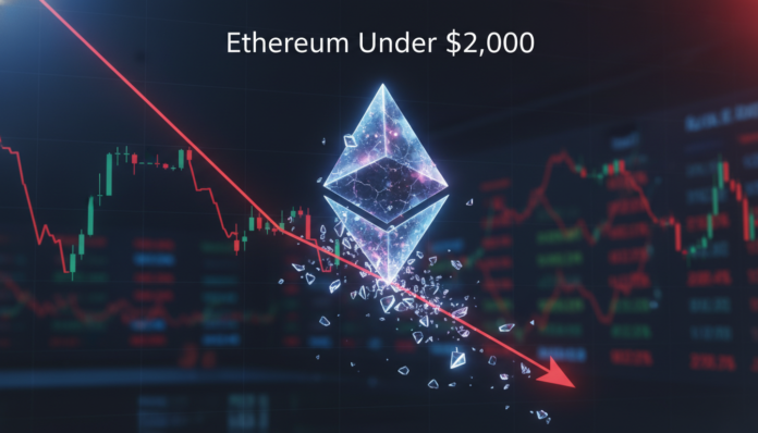 A dramatic financial chart showing a downward trend where Ethereum dropped below $2,000.