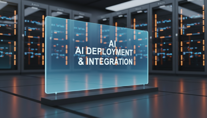 A futuristic data center illustrating robust Ai Model Deployment And Integration with a glowing holographic display.