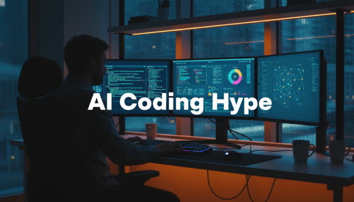 A professional developer looking at glowing computer screens, representing the AI coding hype