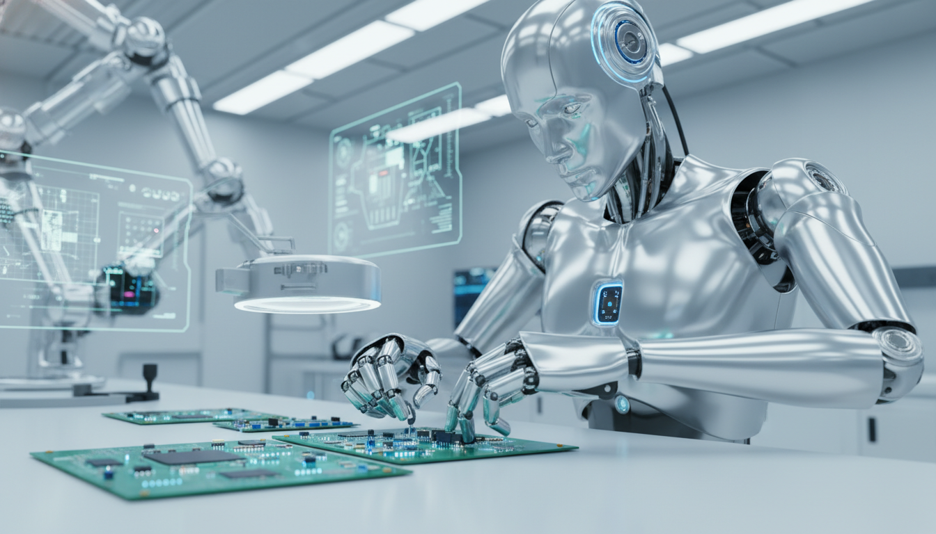 An advanced humanoid robot powered by RTX Spark physical AI technology assembling intricate electronic components.