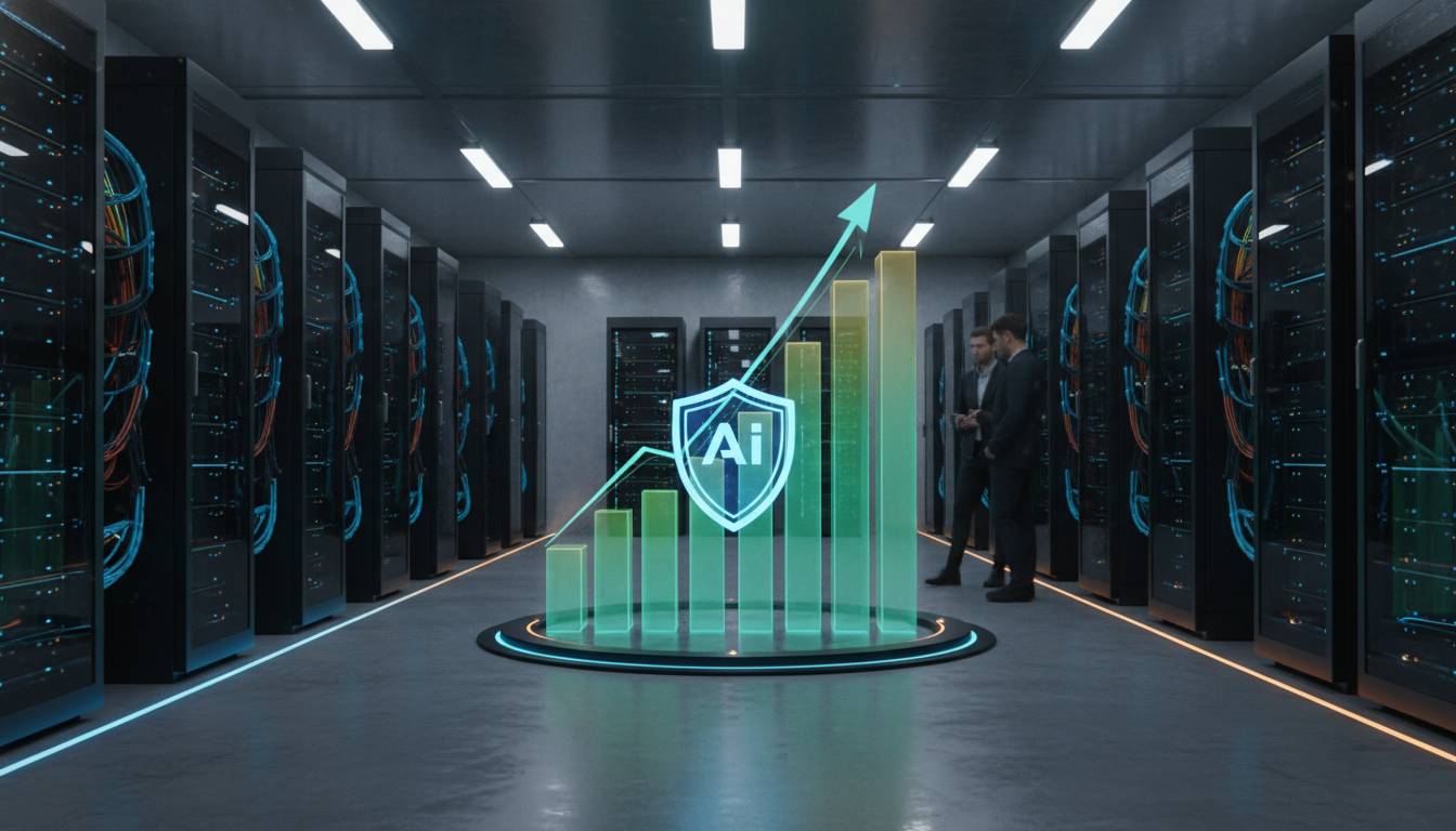 A futuristic server room with a rising holographic graph and a safety shield, illustrating the market impact of the Anthropic Files for a Confidential IPO.