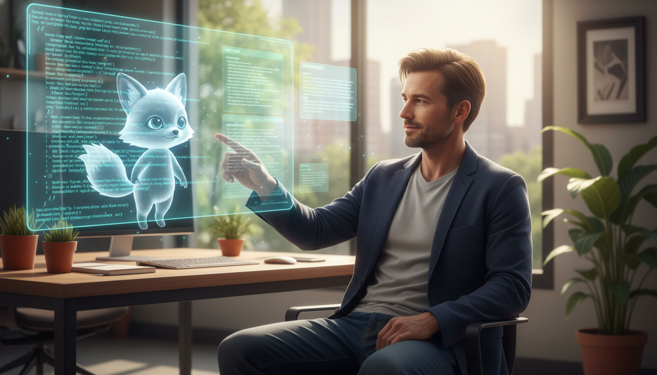 A software engineer collaborating with an AI assistant, illustrating how developers can stay calm by delegating tasks.