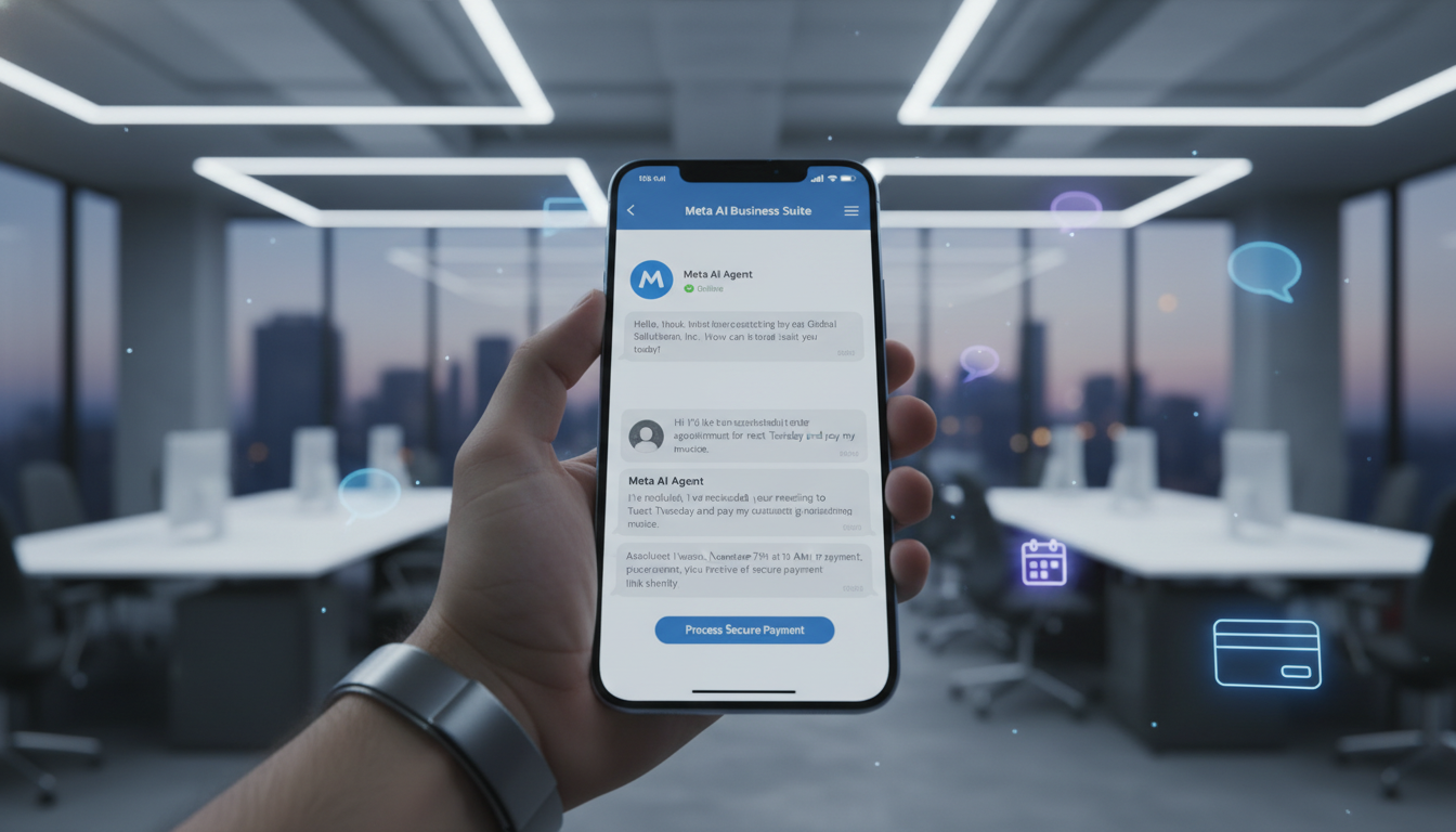 A sleek smartphone displaying Meta's AI business agent in an office setting, illustrating tech developments as Bitcoin reaches lowest price support since February.