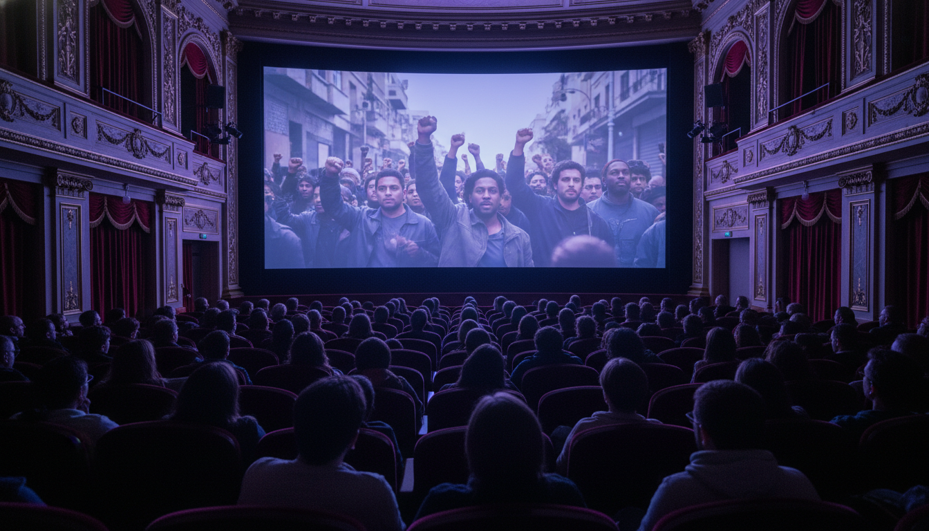 An audience watching a premiering film, showcasing the power of creating engaging videos with AI on a low budget.