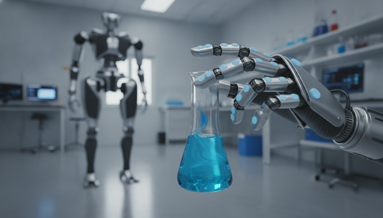 Intricate tactile five-finger hand of the Isaac GR00T Reference Humanoid Robot performing dexterous manipulation in a research lab.