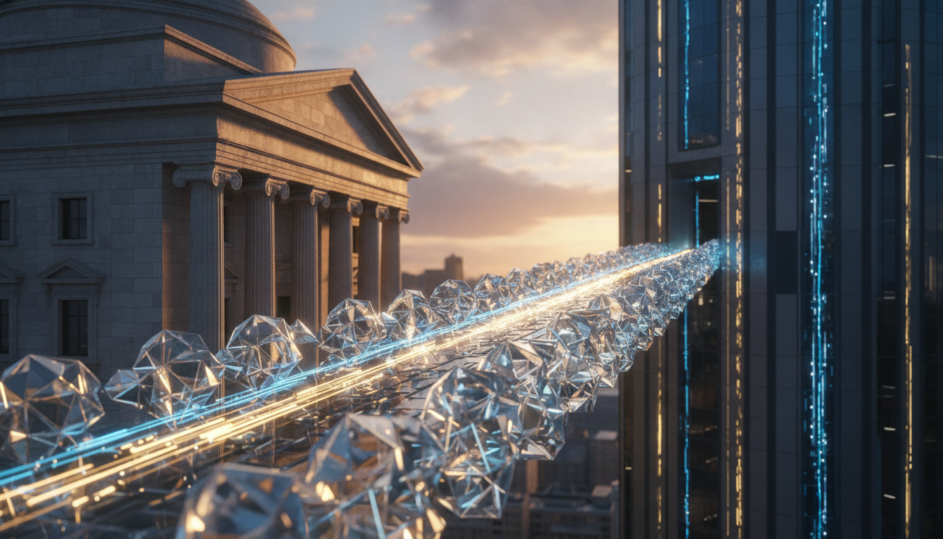 An illuminated digital bridge illustrating Banks vs Crypto: Tokenisation and instant blockchain settlement.