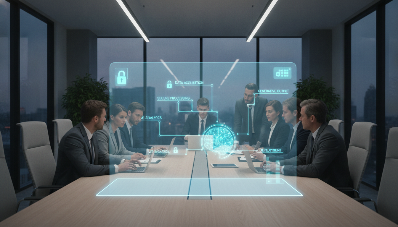 Business consultants designing secure generative AI integration services for a corporate client after OpenAI files for IPO.
